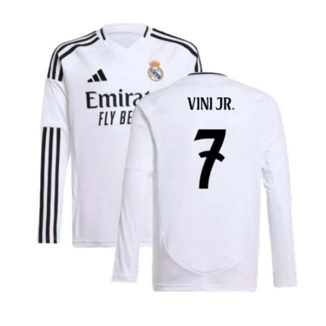 2024-2025 Real Madrid Long Sleeve Home Shirt (Kids) (Vini Jr. 7)-The Soccer Shirt Hub