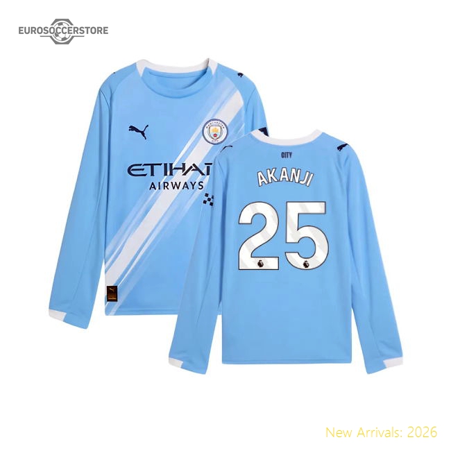 2025-2026 Man City Long Sleeve Home Shirt (Kids) (Akanji 25)-The Soccer Shirt Hub