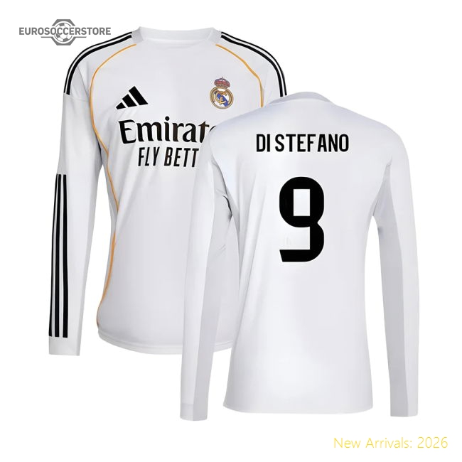 2025-2026 Real Madrid Long Sleeve Home Shirt (Di Stefano 9)-The Soccer Shirt Hub