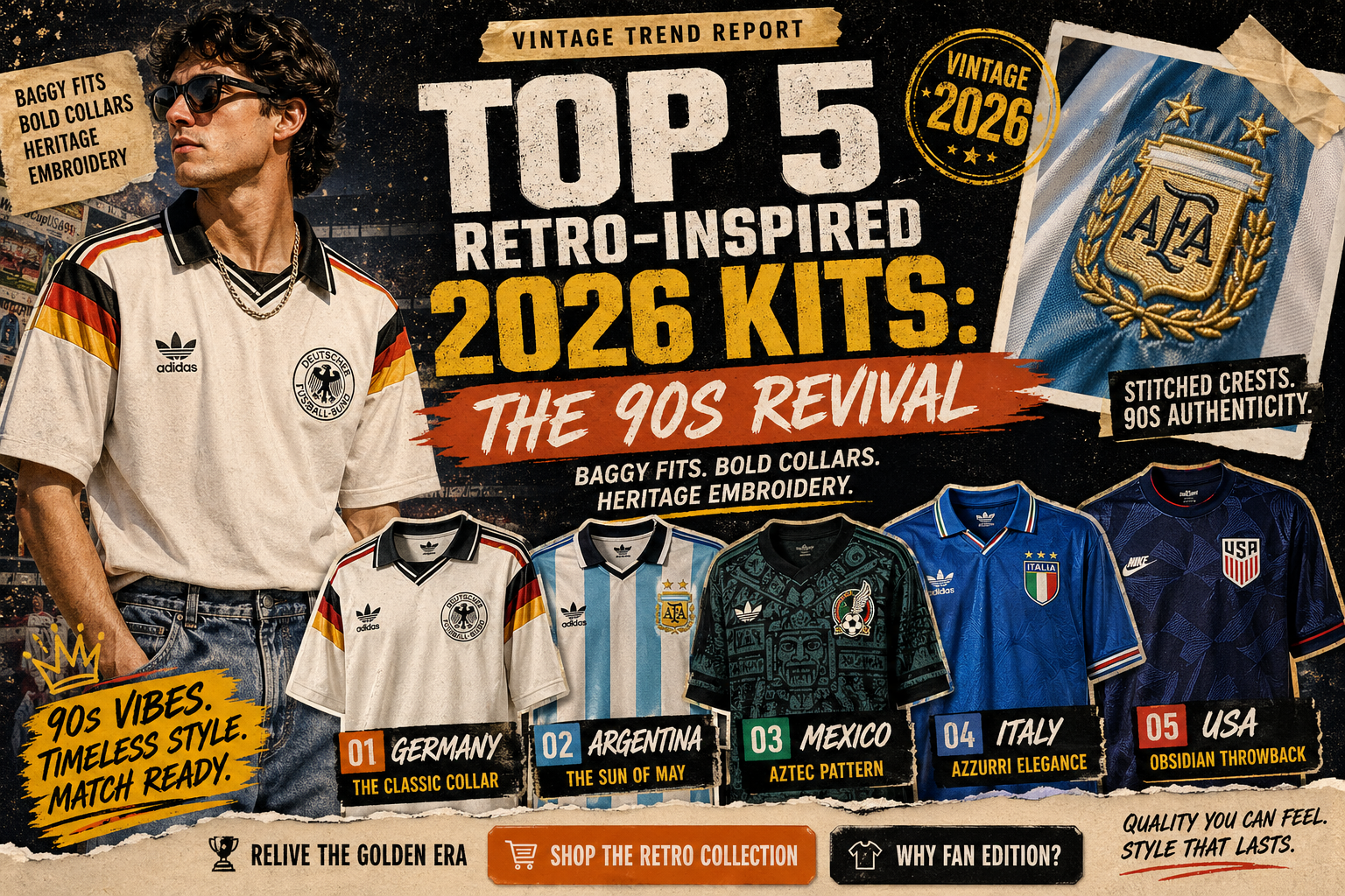 90s inspired 2026 football kits cover featuring Germany Argentina Mexico Italy USA retro jerseys with vintage style collage