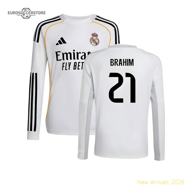 2025-2026 Real Madrid Long Sleeve Home Shirt (Kids) (Brahim 21)-The Soccer Shirt Hub