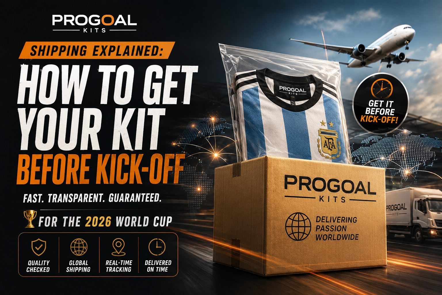 showing a football kit inside a shipping box, global logistics delivery, and bold headline “How to Get Your Kit Before Kick-Off” emphasizing fast worldwide shipping and guaranteed delivery.