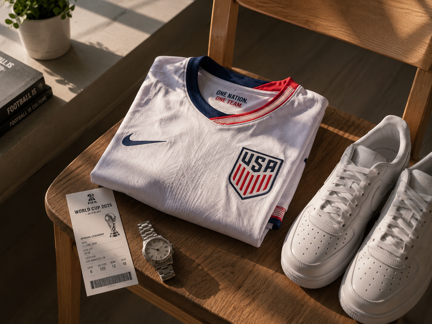 A bright, airy photograph of a 2026 USA or Mexico Fan Edition kit neatly folded on a minimalist wooden chair, next to a stadium ticket and a pair of clean white sneakers