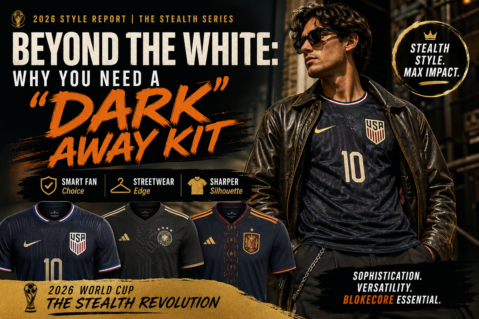 Dark away soccer jersey 2026 USA obsidian kit styled with leather jacket blokecore streetwear look