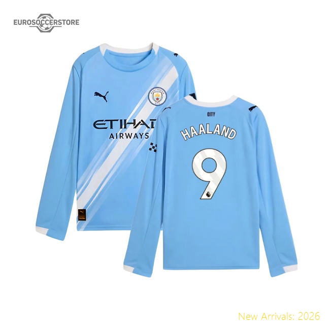 2025-2026 Man City Long Sleeve Home Shirt (Kids) (Haaland 9)-The Soccer Shirt Hub