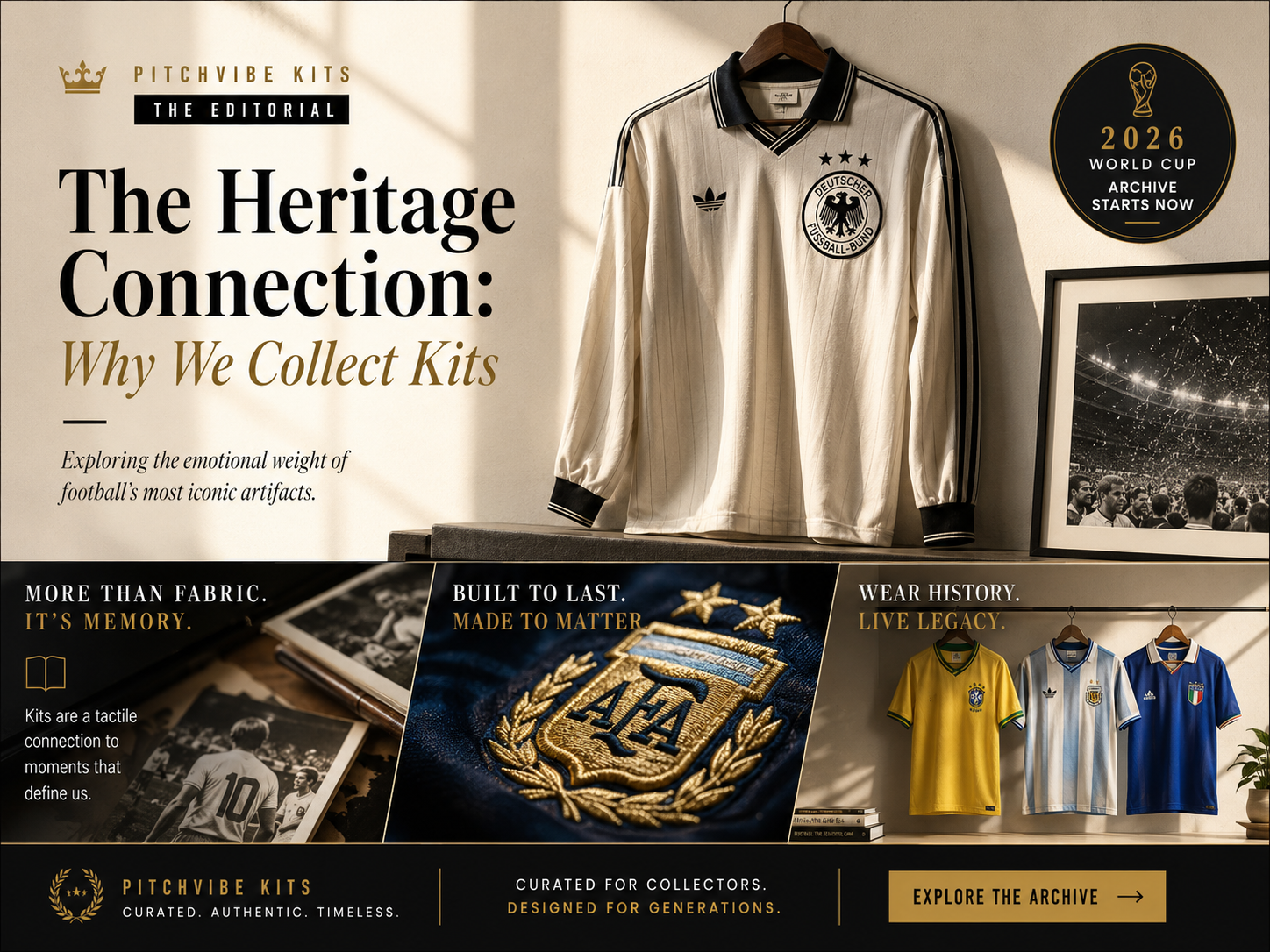 Editorial-style football kit collection cover featuring a vintage jersey, luxury embroidered crest details, and heritage-inspired World Cup aesthetics.