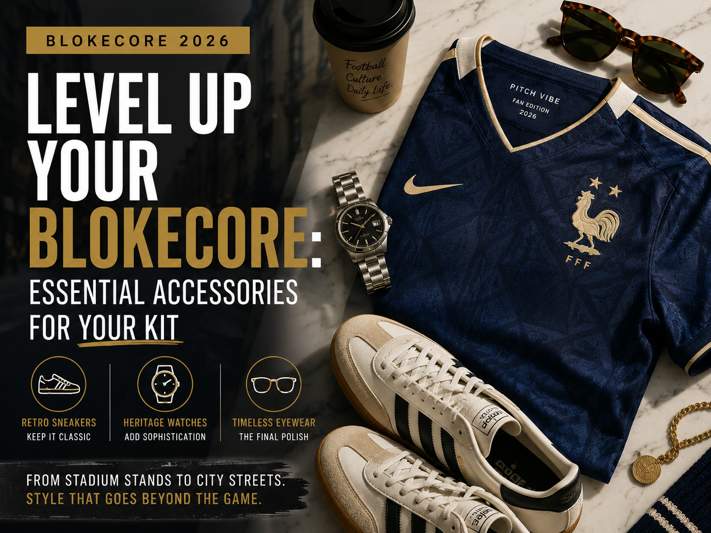 Blokecore 2026 style guide featuring football jerseys, retro sneakers, heritage watches and premium accessories for elevated streetwear styling