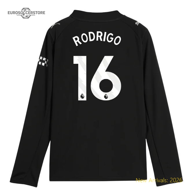 2025-2026 Man City Long Sleeve Away Shirt (Kids) (Rodrigo 16)-The Soccer Shirt Hub