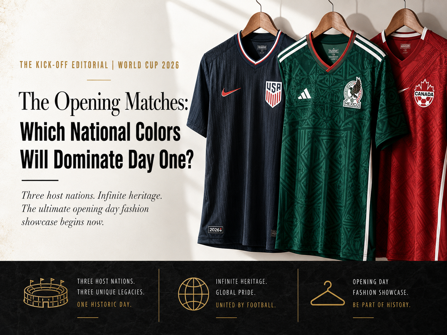 World Cup 2026 opening match jerseys featuring USA, Mexico and Canada host nation football kits displayed together in a premium editorial fashion showcase
