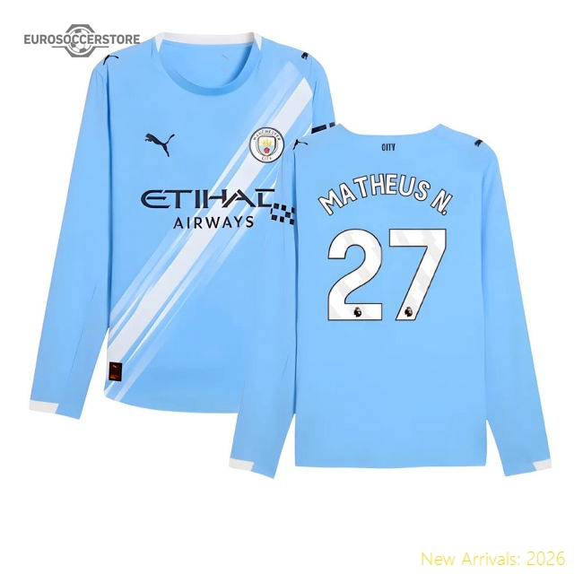 2025-2026 Man City Authentic Long Sleeve Home Shirt (Matheus N. 27)-The Soccer Shirt Hub