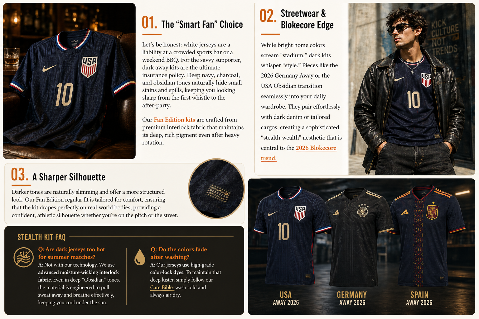 dark away football kits 2026 USA Germany Spain comparison and styling guide blokecore trend