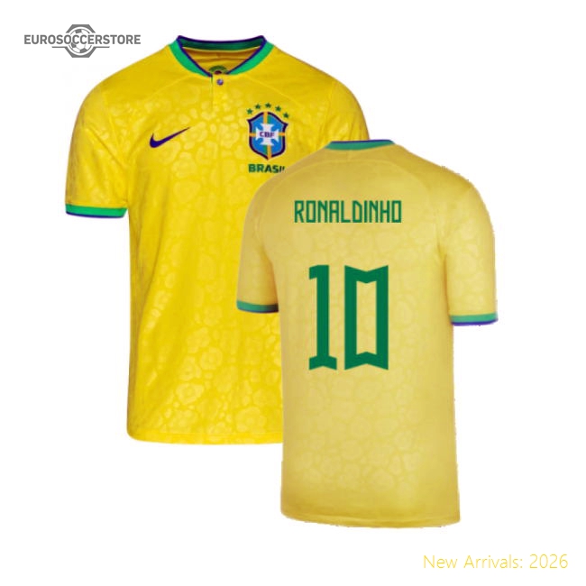 2022-2023 Brazil Little Boys Home Shirt (Ronaldinho 10)-The Soccer Shirt Hub