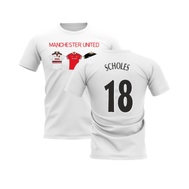 Manchester United 1998-1999 Retro Shirt T-shirt - Text (White) (Scholes 18)-The Soccer Shirt Hub