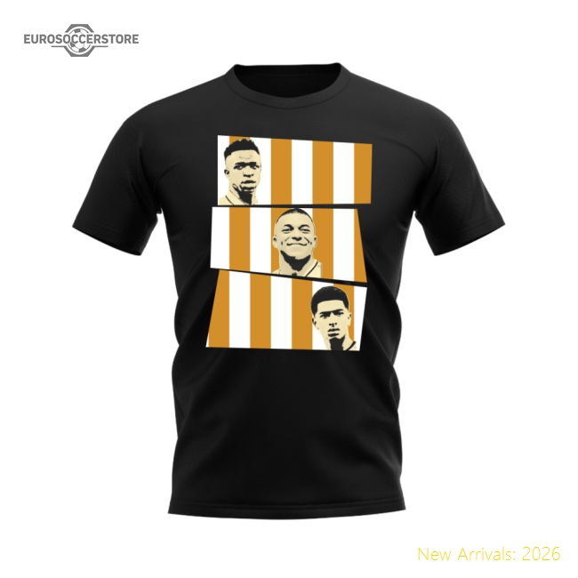 Vinicius Jr Mbappe Bellingham Real Madrid Trio T-Shirt (Black)-The Soccer Shirt Hub