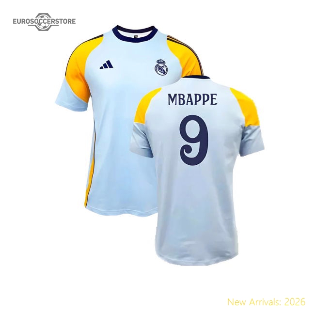 2024-2025 Real Madrid Training Tee (Glow Blue) (Mbappe 9)-The Soccer Shirt Hub