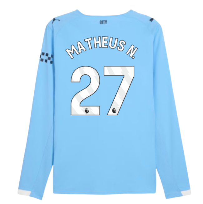 2025-2026 Man City Authentic Long Sleeve Home Shirt (Matheus N. 27)-The Soccer Shirt Hub
