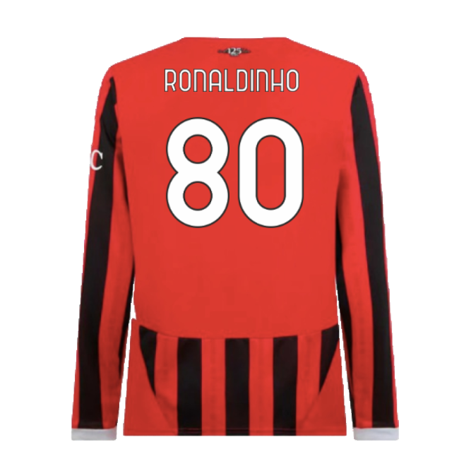 2024-2025 AC Milan Home Long Sleeve Shirt (Ronaldinho 80)-The Soccer Shirt Hub