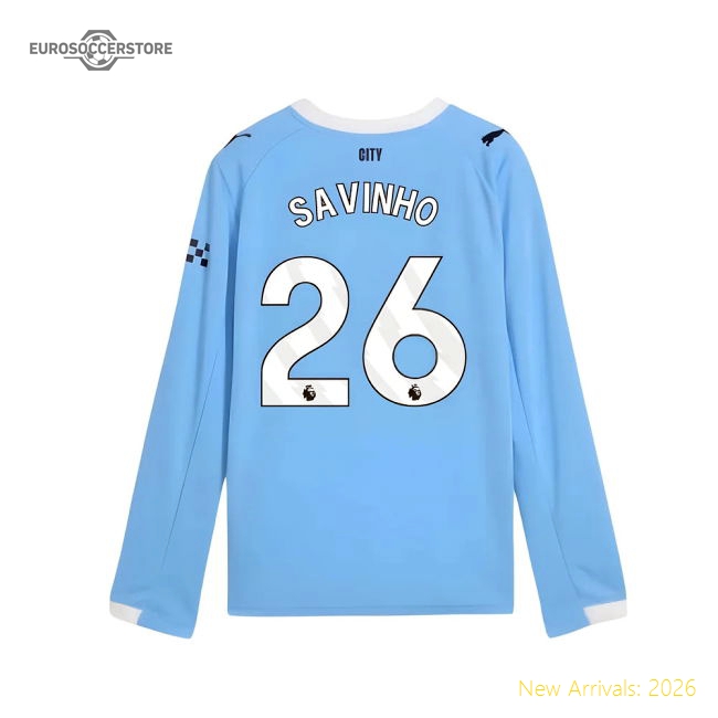 2025-2026 Man City Long Sleeve Home Shirt (Kids) (Savinho 26)-The Soccer Shirt Hub