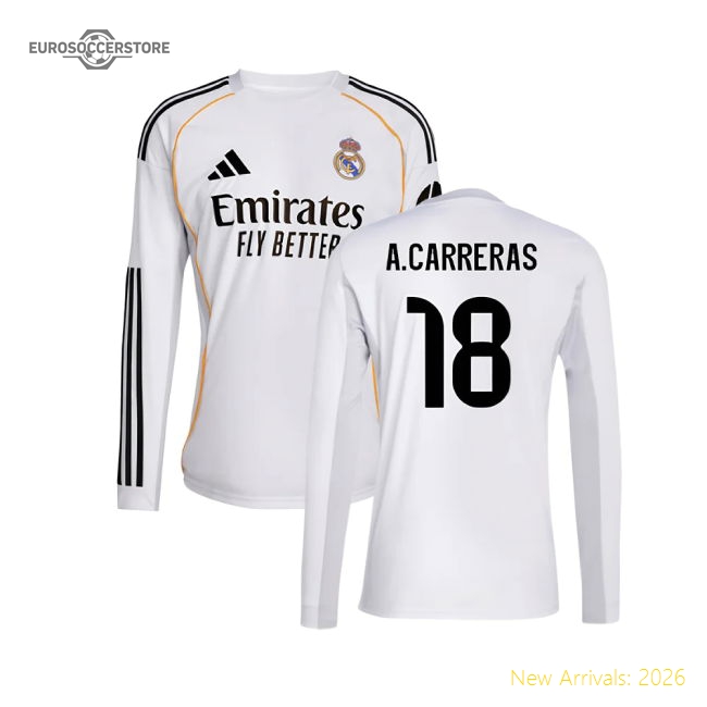 2025-2026 Real Madrid Long Sleeve Home Shirt (A.Carreras 18)-The Soccer Shirt Hub