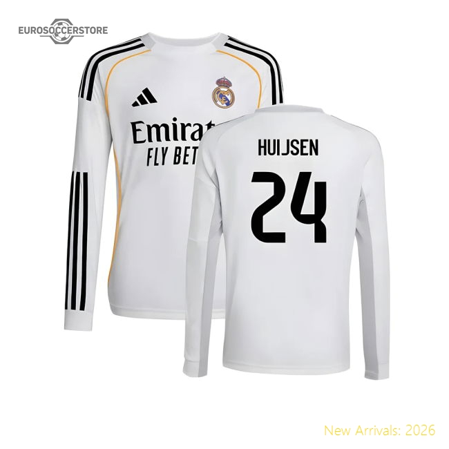 2025-2026 Real Madrid Long Sleeve Home Shirt (Kids) (Huijsen 24)-The Soccer Shirt Hub