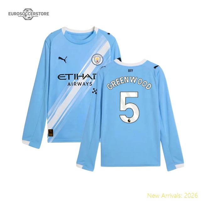 2025-2026 Man City Long Sleeve Home Shirt (Kids) (Greenwood 5)-The Soccer Shirt Hub