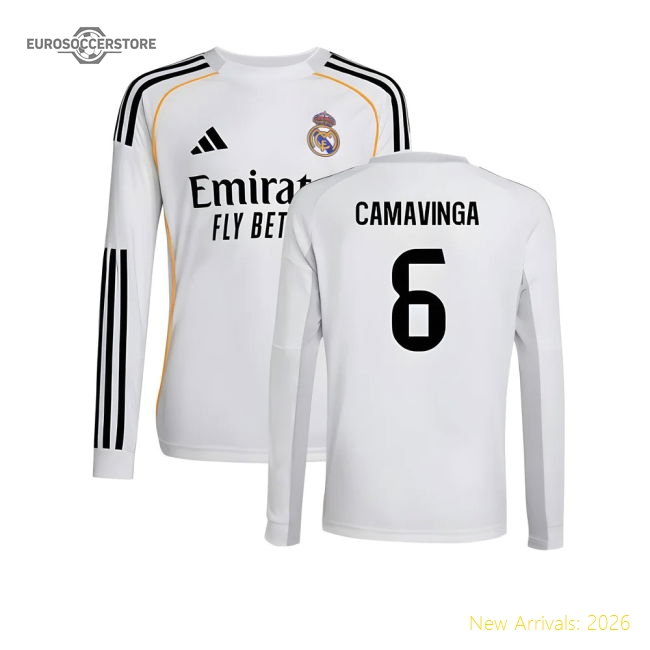 2025-2026 Real Madrid Long Sleeve Home Shirt (Kids) (Camavinga 6)-The Soccer Shirt Hub