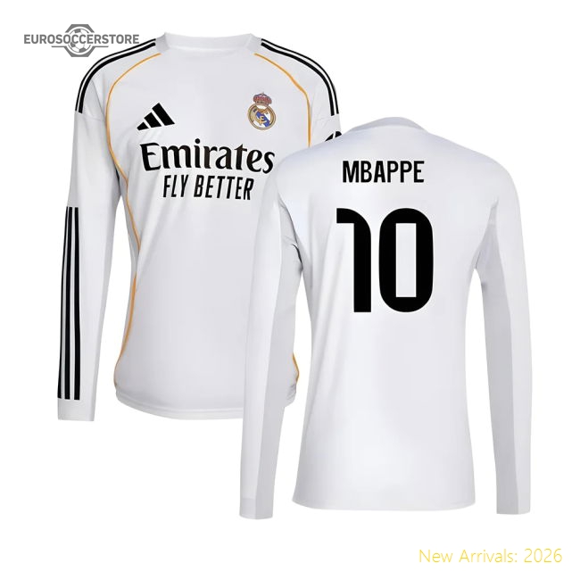 2025-2026 Real Madrid Long Sleeve Home Shirt (Mbappe 10)-The Soccer Shirt Hub