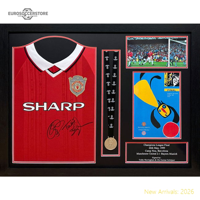 Manchester United FC 1999 Solskjaer & Sheringham Signed Shirt & Medal (Framed)-The Soccer Shirt Hub