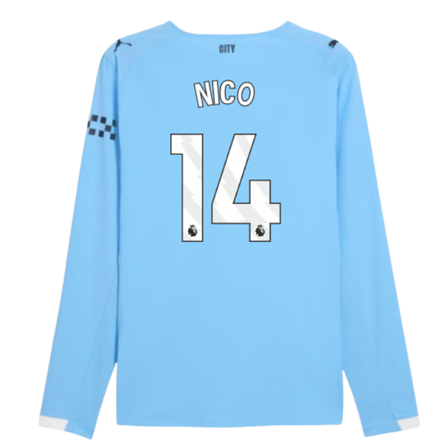 2025-2026 Man City Authentic Long Sleeve Home Shirt (Nico 14)-The Soccer Shirt Hub