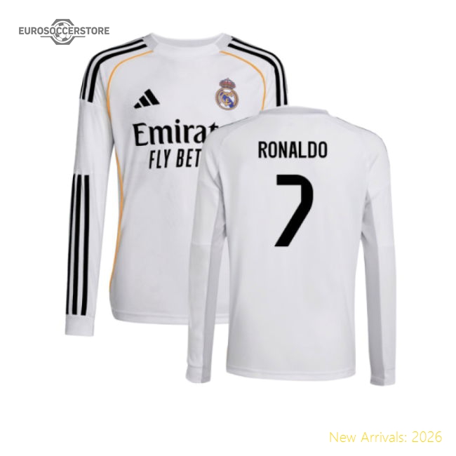 2025-2026 Real Madrid Long Sleeve Home Shirt (Kids) (Ronaldo 7)-The Soccer Shirt Hub