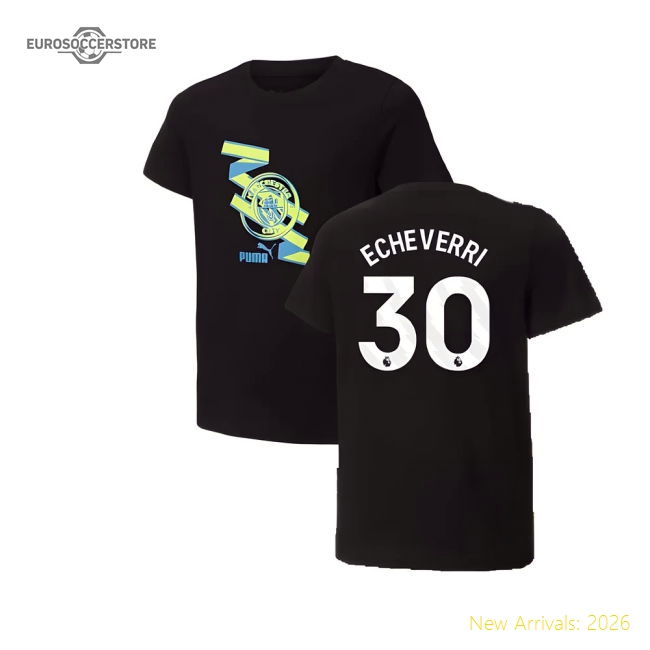 2024-2025 Man City ftblCulture Tee (Black) (Echeverri 30)-The Soccer Shirt Hub