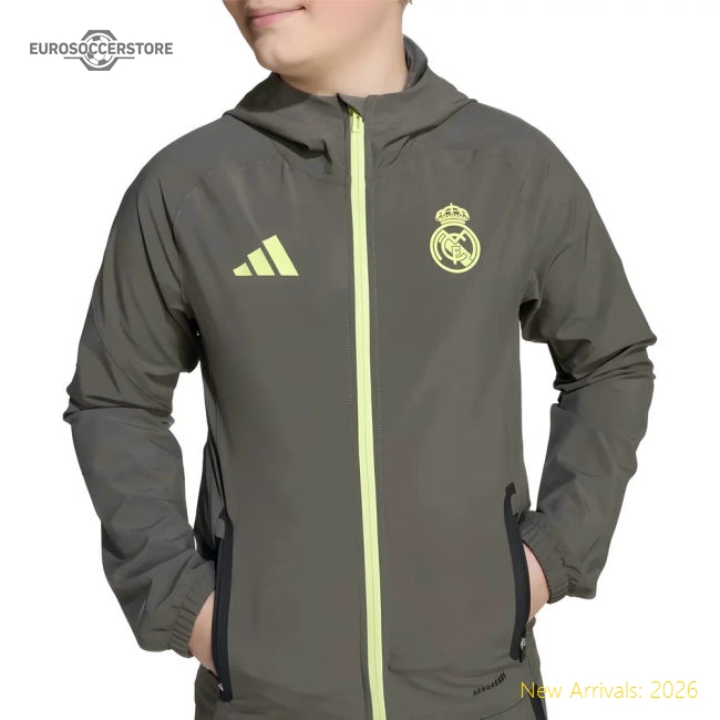 2025-2026 Real Madrid Vis Tech Travel Jacket (Almost Grey) - Kids-The Soccer Shirt Hub