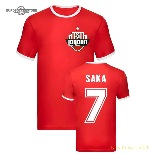 Bukayo Saka Arsenal Ringer Tee (Red)-The Soccer Shirt Hub