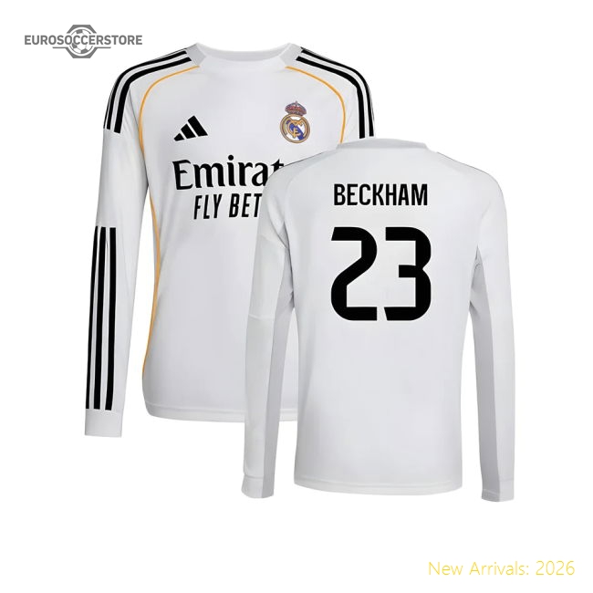 2025-2026 Real Madrid Long Sleeve Home Shirt (Kids) (Beckham 23)-The Soccer Shirt Hub