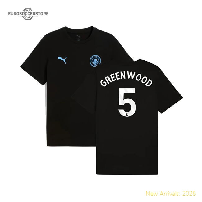 2025-2026 Man City FtblESS Tee (Black) (Greenwood 5)-The Soccer Shirt Hub