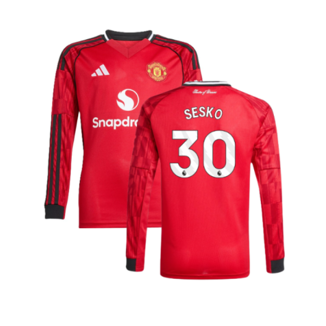 2025-2026 Man Utd Long Sleeve Home Shirt (Kids) (Sesko 30)-The Soccer Shirt Hub