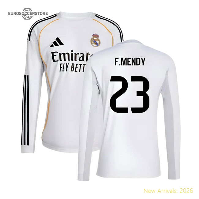 2025-2026 Real Madrid Long Sleeve Home Shirt (F.Mendy 23)-The Soccer Shirt Hub