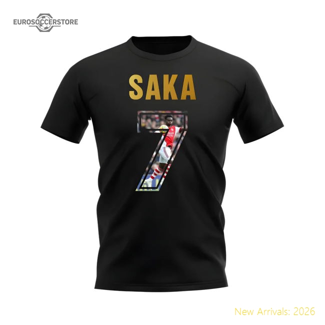 Bukayo Saka Name And Number Arsenal T-Shirt (Black)-The Soccer Shirt Hub