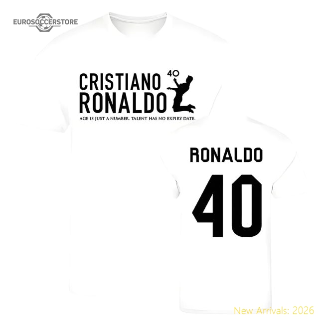 Cristiano Ronaldo at 40 Real Madrid T-Shirt (White)-The Soccer Shirt Hub