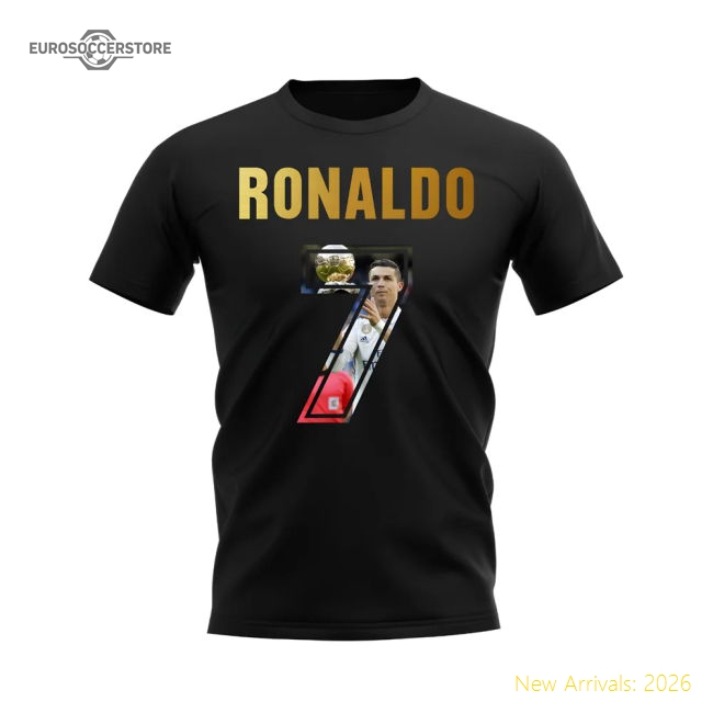 Cristiano Ronaldo Name And Number Real Madrid T-Shirt (Black)-The Soccer Shirt Hub