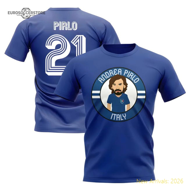 Andrea Pirlo Italy Illustration T-Shirt (Blue)-The Soccer Shirt Hub