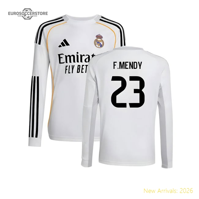 2025-2026 Real Madrid Long Sleeve Home Shirt (Kids) (F.Mendy 23)-The Soccer Shirt Hub