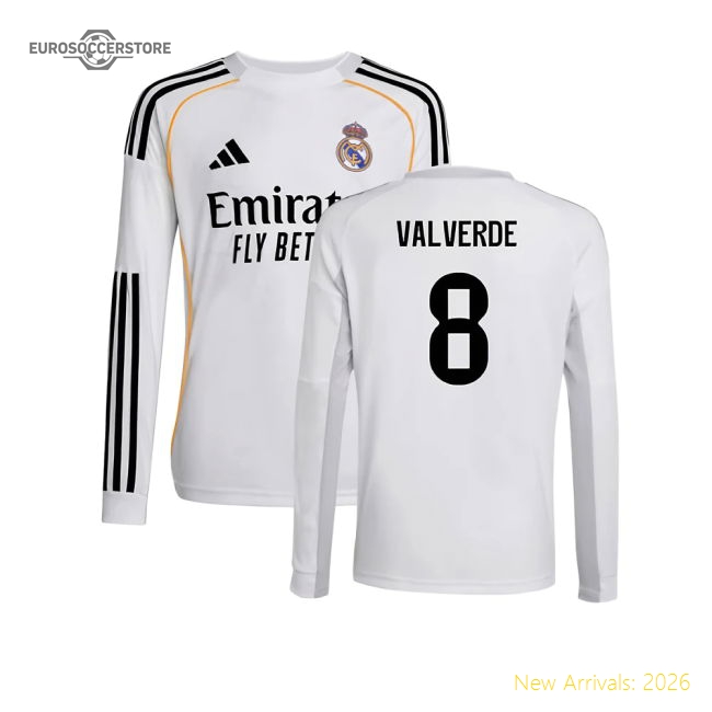 2025-2026 Real Madrid Long Sleeve Home Shirt (Kids) (Valverde 8)-The Soccer Shirt Hub