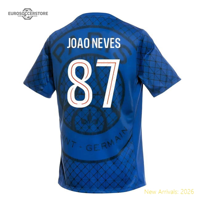 2025-2026 PSG Academy Pro Home Pre Match Shirt (Royal) (Joao Neves 87)-The Soccer Shirt Hub