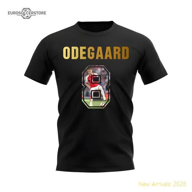 Martin Odegaard Name And Number Arsenal T-Shirt (Black)-The Soccer Shirt Hub
