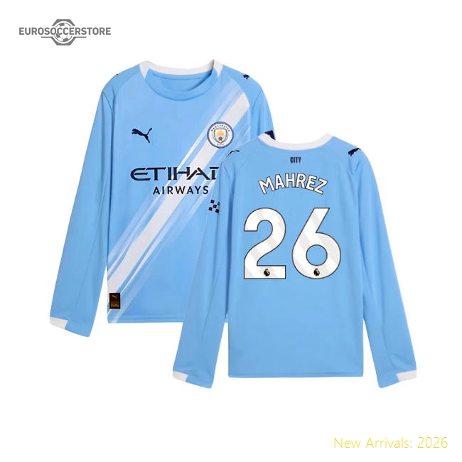 2025-2026 Man City Long Sleeve Home Shirt (Kids) (Mahrez 26)-The Soccer Shirt Hub