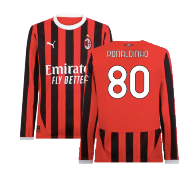 2024-2025 AC Milan Home Long Sleeve Shirt (Ronaldinho 80)-The Soccer Shirt Hub