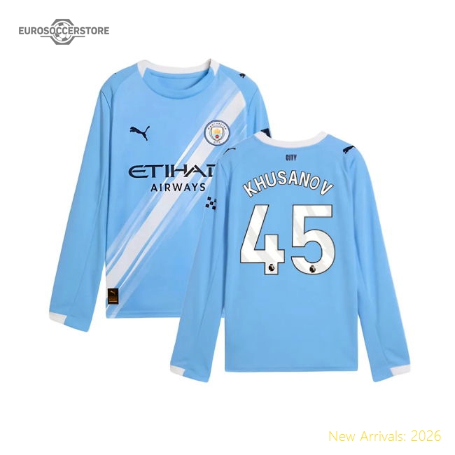 2025-2026 Man City Long Sleeve Home Shirt (Kids) (Khusanov 45)-The Soccer Shirt Hub