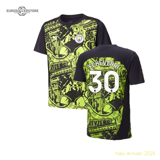 2024-2025 Man City Pre-Match Shirt (Yellow Glow) - Kids (Echeverri 30)-The Soccer Shirt Hub