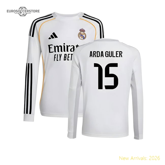 2025-2026 Real Madrid Long Sleeve Home Shirt (Kids) (Arda Guler 15)-The Soccer Shirt Hub